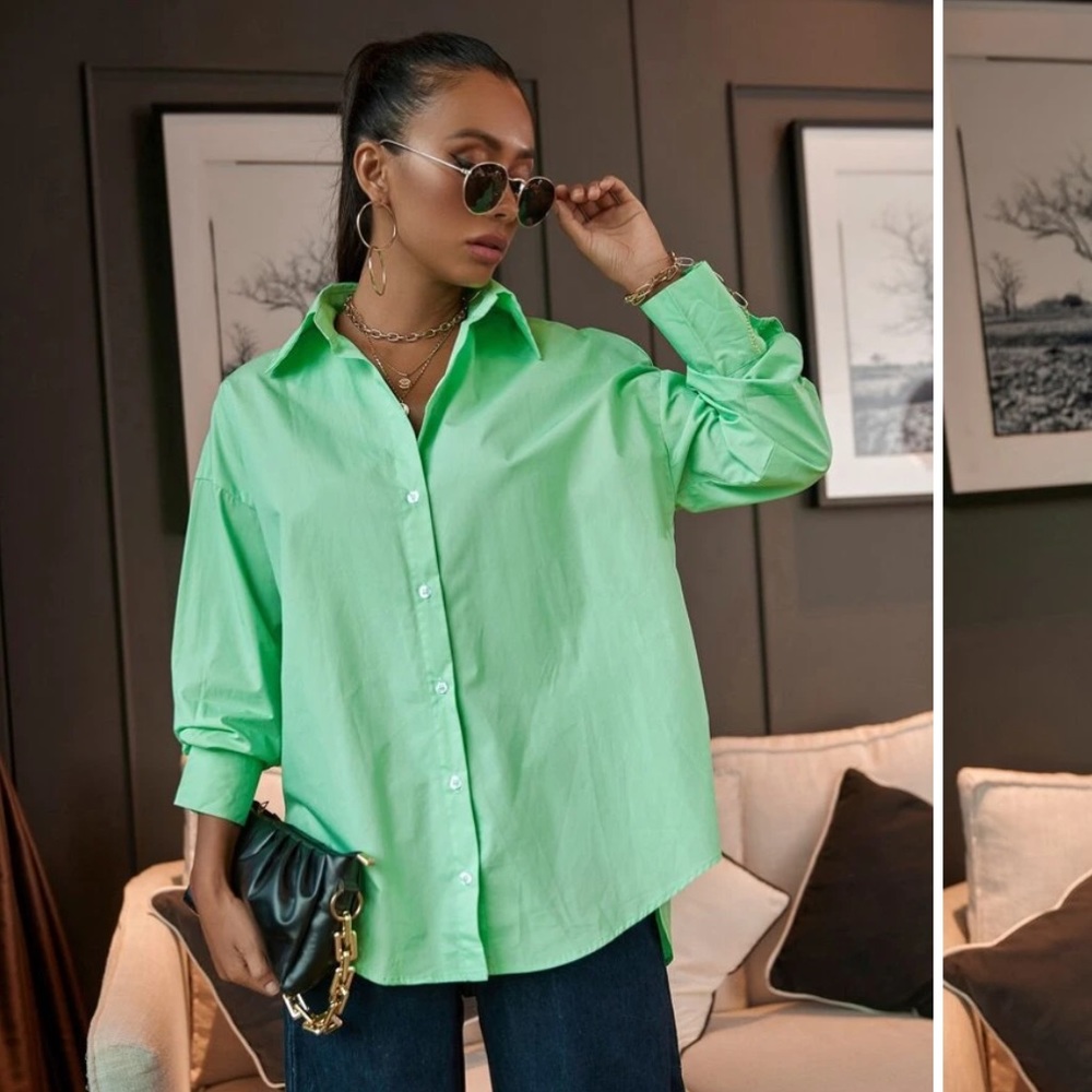 Shein Green Solid Drop Shoulder Blouse
